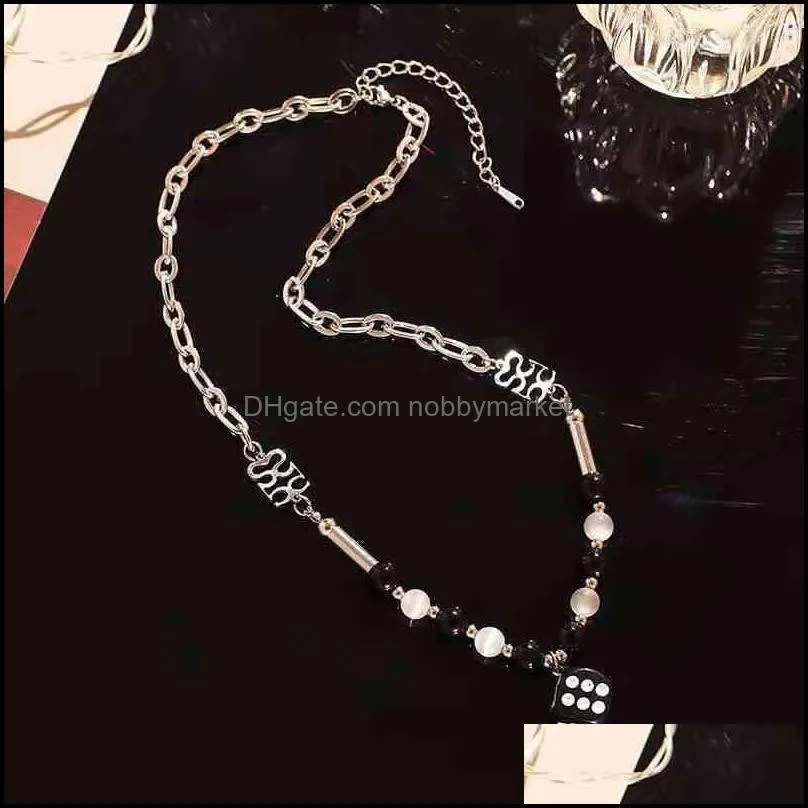 Fashion accsori men and women hip hop black pearl jade bead dice chain splicing women`s fashion minority Cuban steel necklace