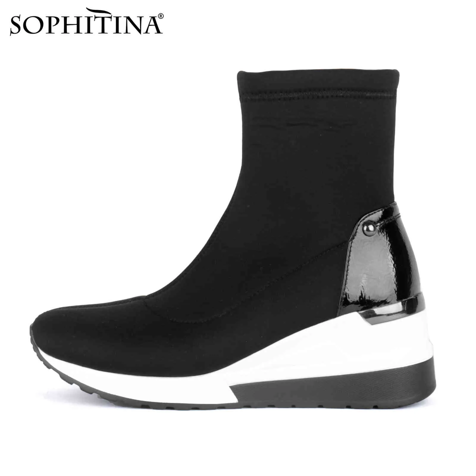 Sophitina Bayan Streç Ayak Bileği Çizmeler Topuklu Moda Hafif Yüksek Üst Bahar Sonbahar Açık Platformu Kama Yürüyüş Ayakkabıları Y176 210513