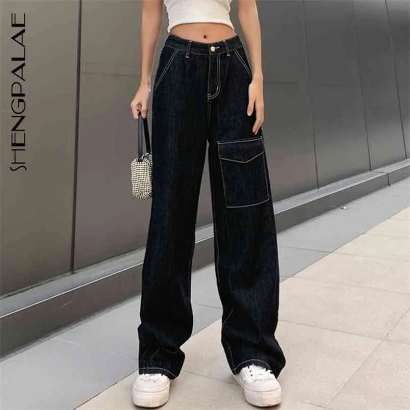 Gerade Jeans Frauen Frühling Hohe Taille Unregelmäßige Tasche Casual Schwarz Einfache Weibliche Cowboy Cargo Hosen 5A76 210427