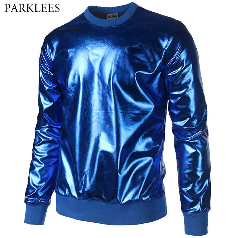 Parlak Kraliyet Mavi Metalik Kazak Erkekler Gece Kulübü Tarzı Disko Dans Sahne Giyim Erkek Hip Hop Streetwear Tişörtü Moletom 210522
