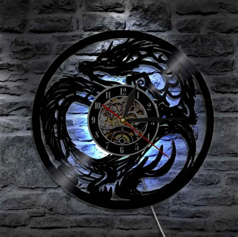 Väggklockor Dragon Art Clock Batteridriven Modern Design Record med LED-lampa Hem Vardagsrum Dekoration