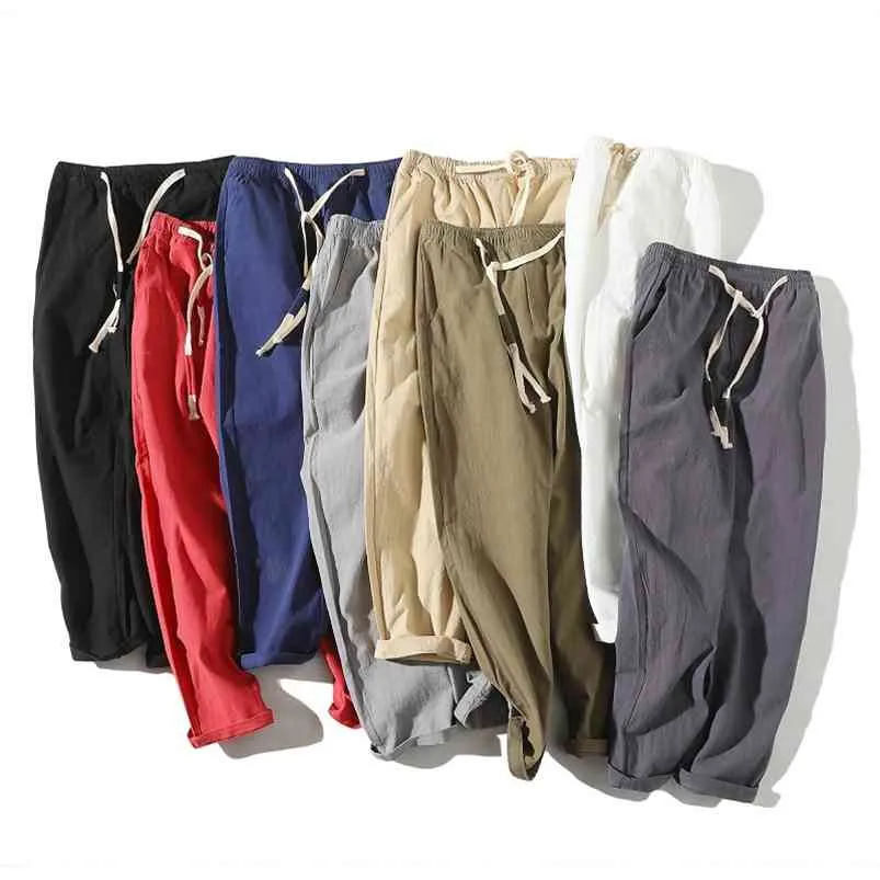 Homens verão casual corredores harem calças de algodão natural calças de linho sólido branco cintura elástica tornozelo-comprimento macho roupas y2064 210715