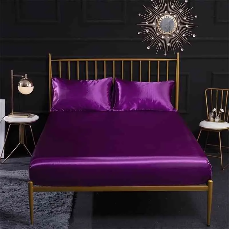 HOT Satin Soie Drap-housse Taie d'oreiller Lit Matelas Protecteur Couverture Blanc Noir Gris Bleu Violet Twin Queen King Size Couvre-lit 201211