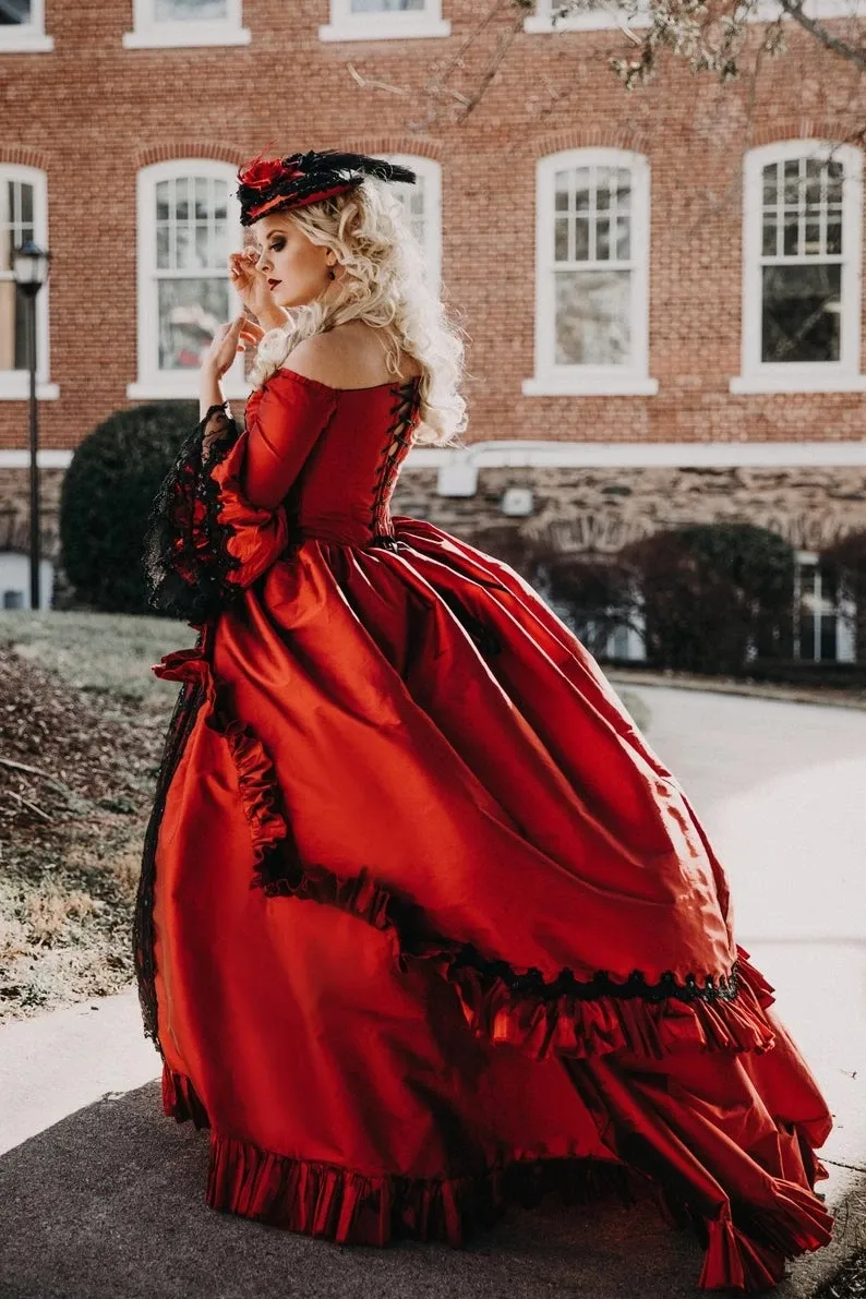 Red and Black Lace Princess A-Line witchy wedding dress for Victorian Halloween, Masquerade, and Bridal Parties Red and Black Lace Princess A-Line witchy wedding dress for Victorian Halloween, Masquerade, and Bridal Parties