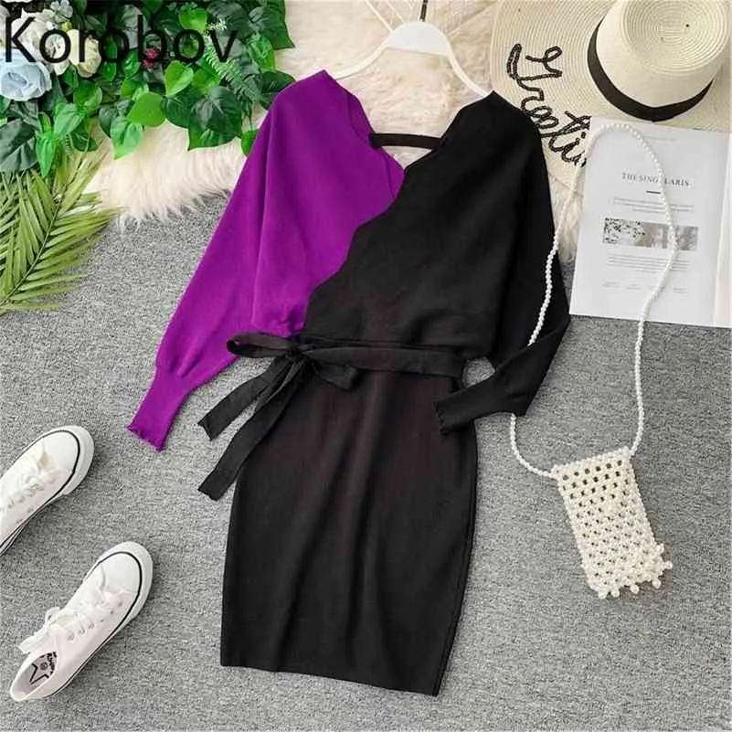 Korobov New Hit Color Patchwork Criss-Cross Long Sweater Korean Lace-Up Batwing Sleeve V Neck Sueter Mujer Pullovers 78752 210430