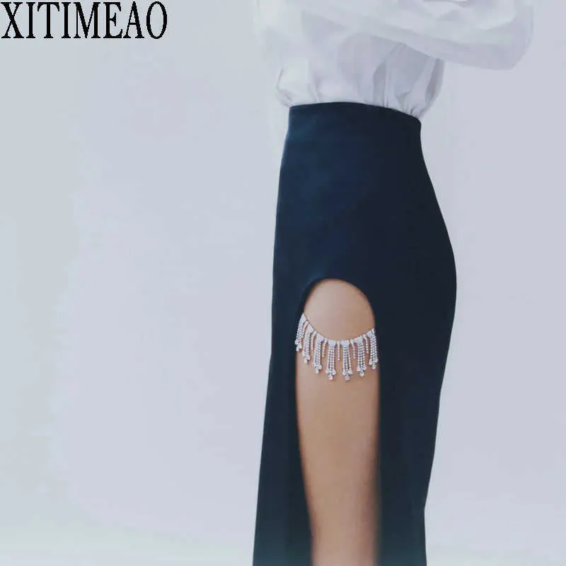 ZA Primavera Saia Vintage Mulheres Cintura Alta Pacote Hip Pencilskirt Diamond Decoração Frente Split Split SHOTS 210602