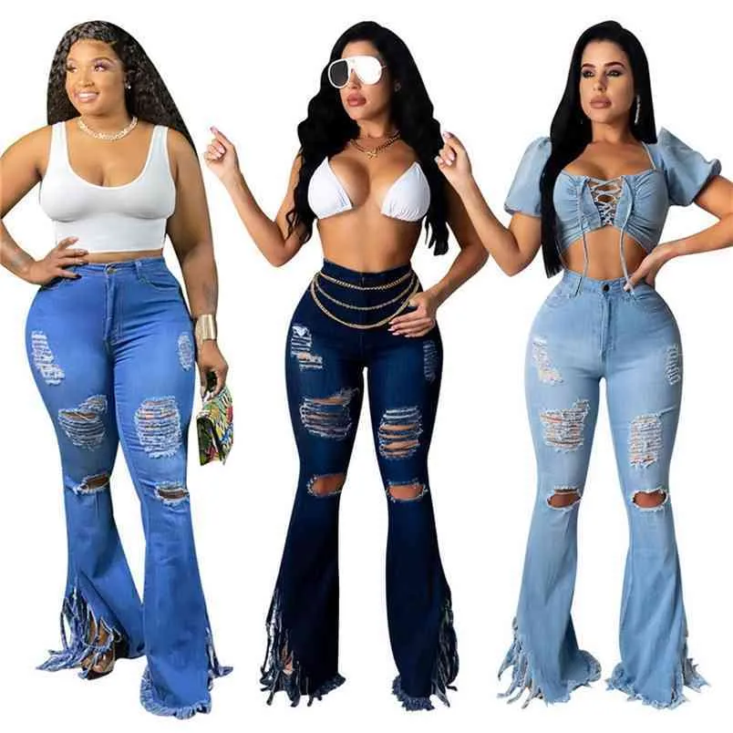 Kvinnor Jeans Bell Bottom Ripped Skinny Hole Classic High Waist Flare Denim Zipper Up Button Plus Size 3Colors Trousers 210522