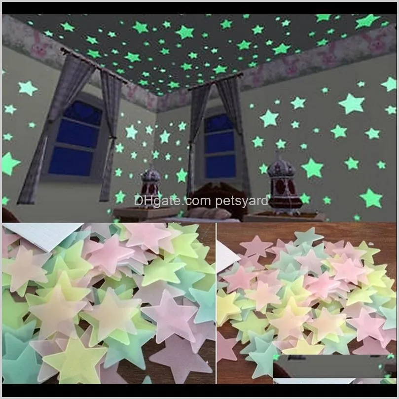ديكور حديقة 100 قطع 3d نجوم توهج في الظلام ملصقات الحائط مضيئة الفلورسنت للأطفال الطفل غرفة نوم السقف ديكور المنزل قطرة التسليم
