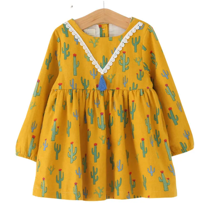 Wiosna Dziewczynek Ubrania Drukowanie Fringe Dekoracje Suknie Jesienią Czysta Bawełniana Odzież Dla Dzieci Przypadkowa Dress 210515