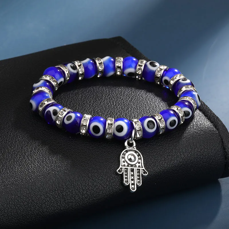 Turkiet Evil Blue Eyes Pärlarmband Kedja Män Kvinnor Religiös Hamsa Hand Berlock Armband Armband Handgjorda smycken