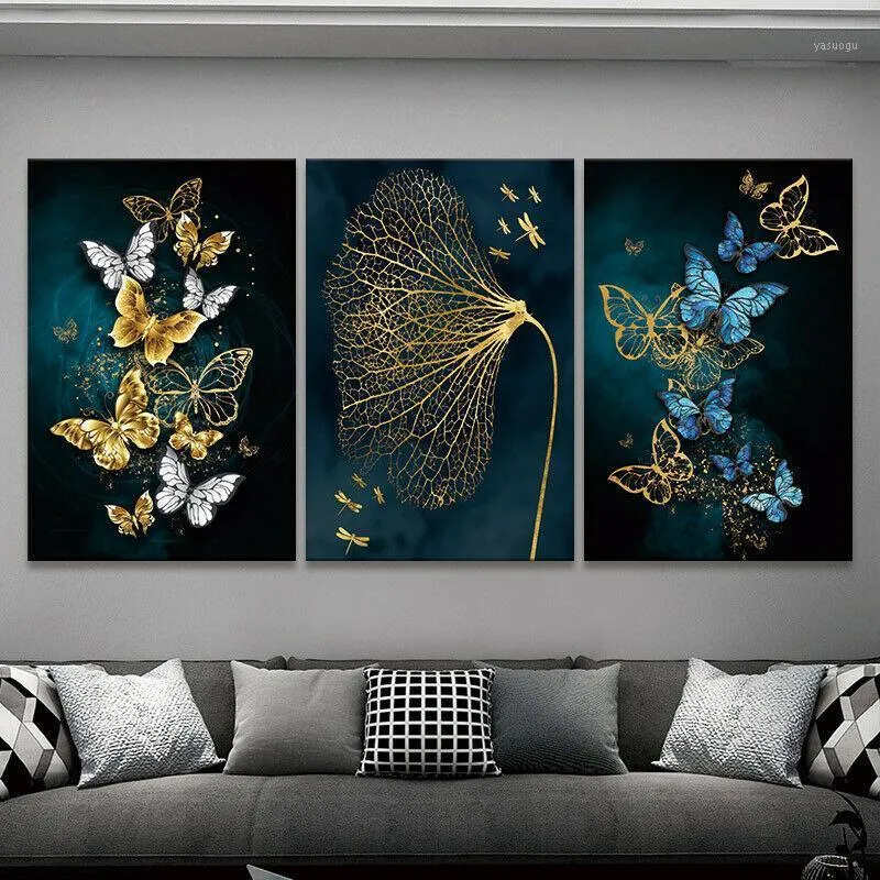 Dipinti Blu E Oro Insetti Colorati 3 Tavole Tela Dipinto Poster Arte Decorazione Della Stanza Di Casa