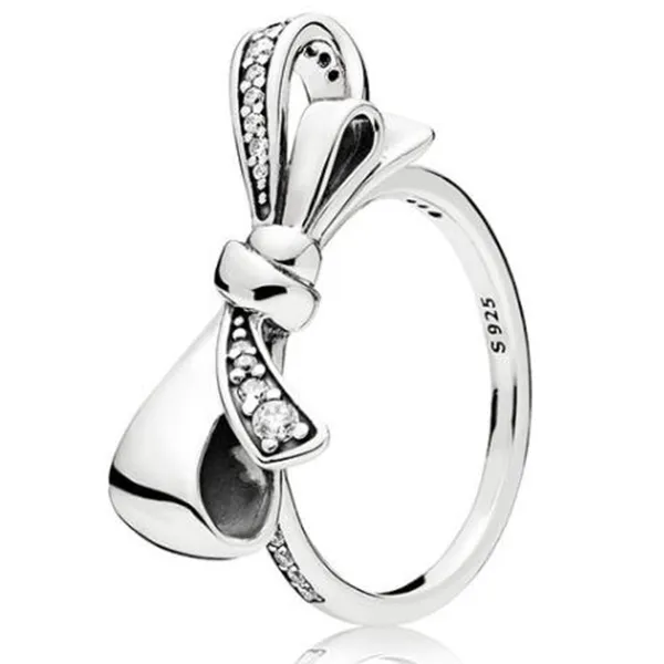 Authentique 925 bague en argent Sterling pan brillant arc avec anneaux en cristal pour les femmes cadeau de fête de mariage bijoux fins X0715