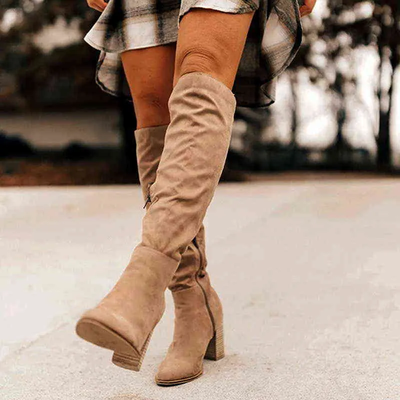 2020 Kobiety Faux Suede Over The Knane High Slouchy Boot Spiczaste Toe Chunky Heel Slouch Nowe Długie Buty Damskie Buty Pośpiechowe Y1125