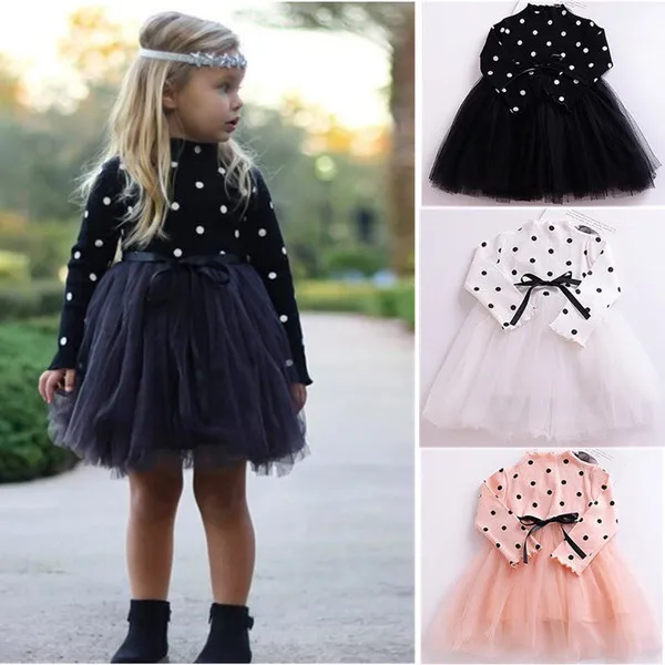 Moda Primavera Nova Girl Baby Roupas 1-4 Anos Dot Dot Infant Vestido Preto Rosa Branco Tutu Vestido Bebê Bonito Fato Q0716