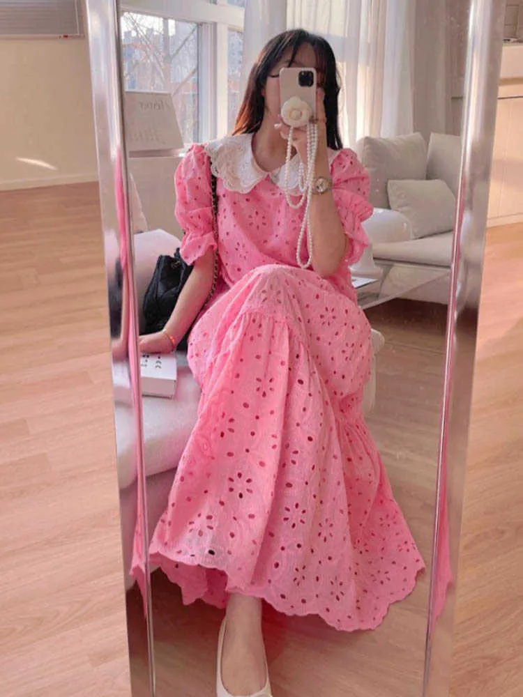 한국어 세련된 무거운 산업 인형 칼라 중공 핑크 레이스 드레스 여성 퍼프 슬리브 러블 패치 워크 히트 컬러 느슨한 레트로 210610