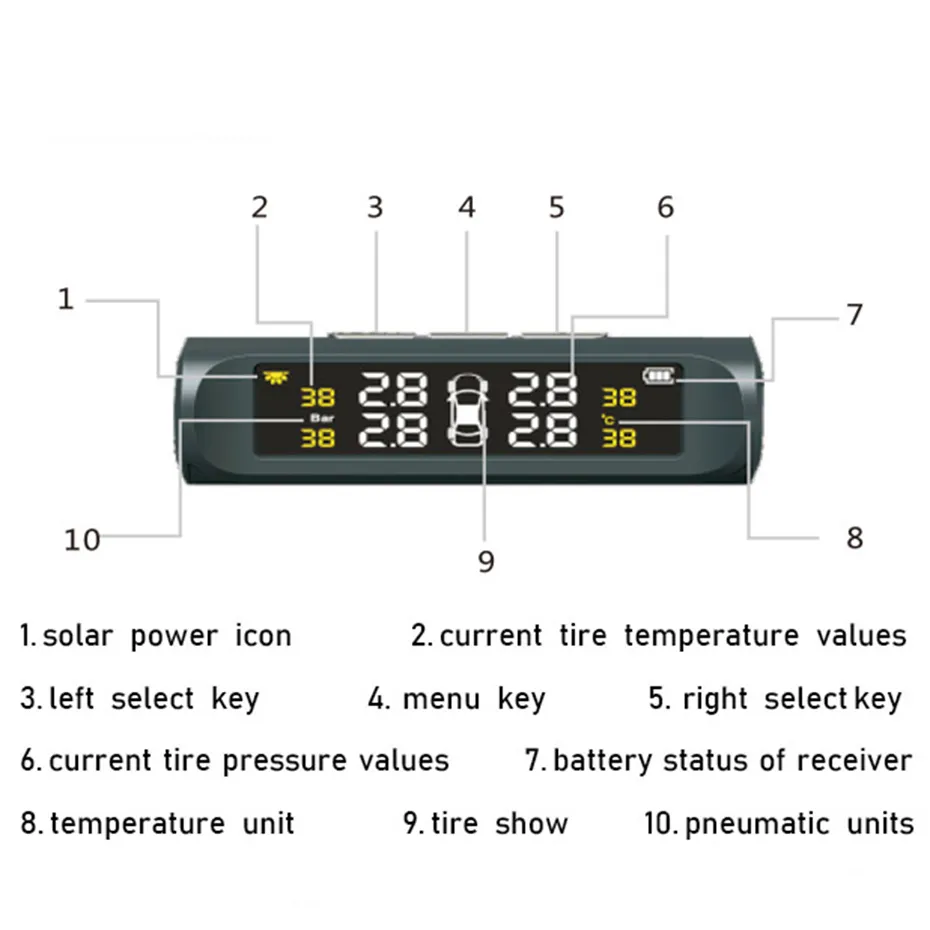 Smart TPMS CAR CAR TIRE SYSTEM SYSTEM Solar Power Digital LCD -дисплей Auto Security Systems317G