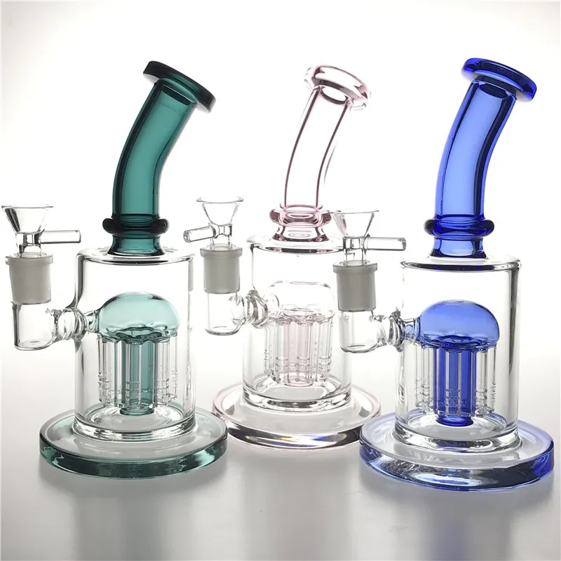 14mm kvinnlig färgstark glas vatten bong med 8,5 tums hookah rosa blå grön 6mm tjock heady återvinningsbägare rökning bongs