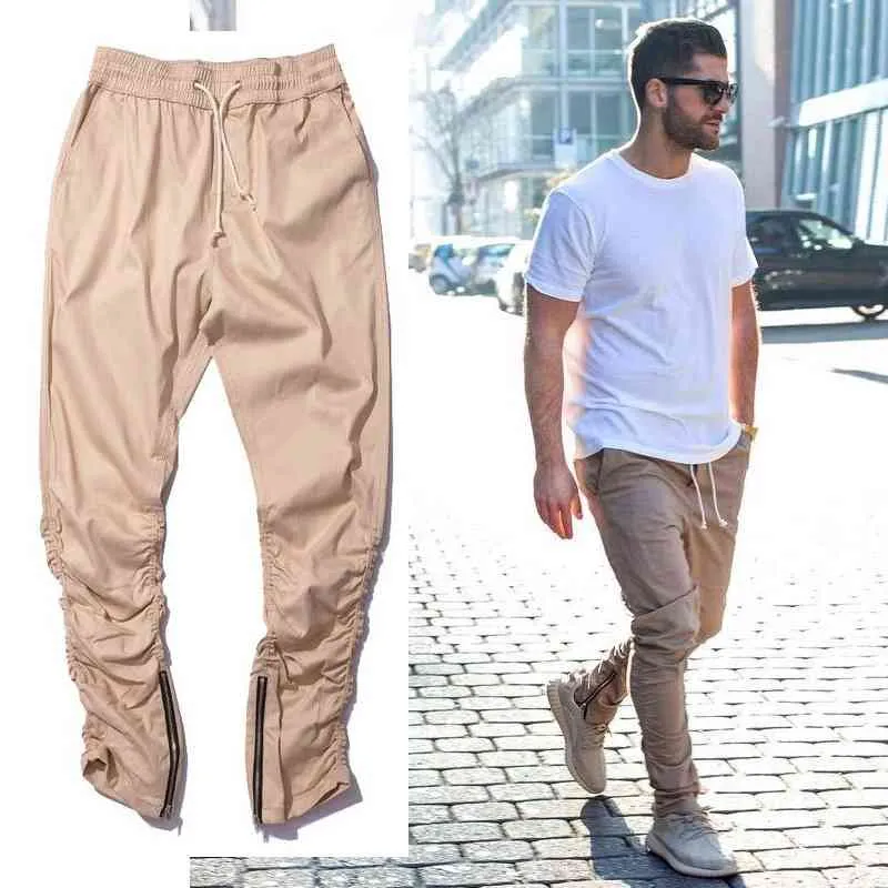 Khaki Jogger штаны повседневная тощая молния снизу спортивные штаны хип-хоп брюки уличные мужские брюки мужчин мужские штаны для похудения для мужчин 210518