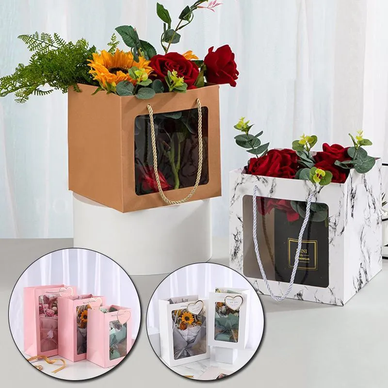 Confezioni regalo Creative Show Window Box Borsetta Flower Packaging Bag Forniture di carta Kraft Bouquet Scatole di cartone Matrimonio per gli ospiti