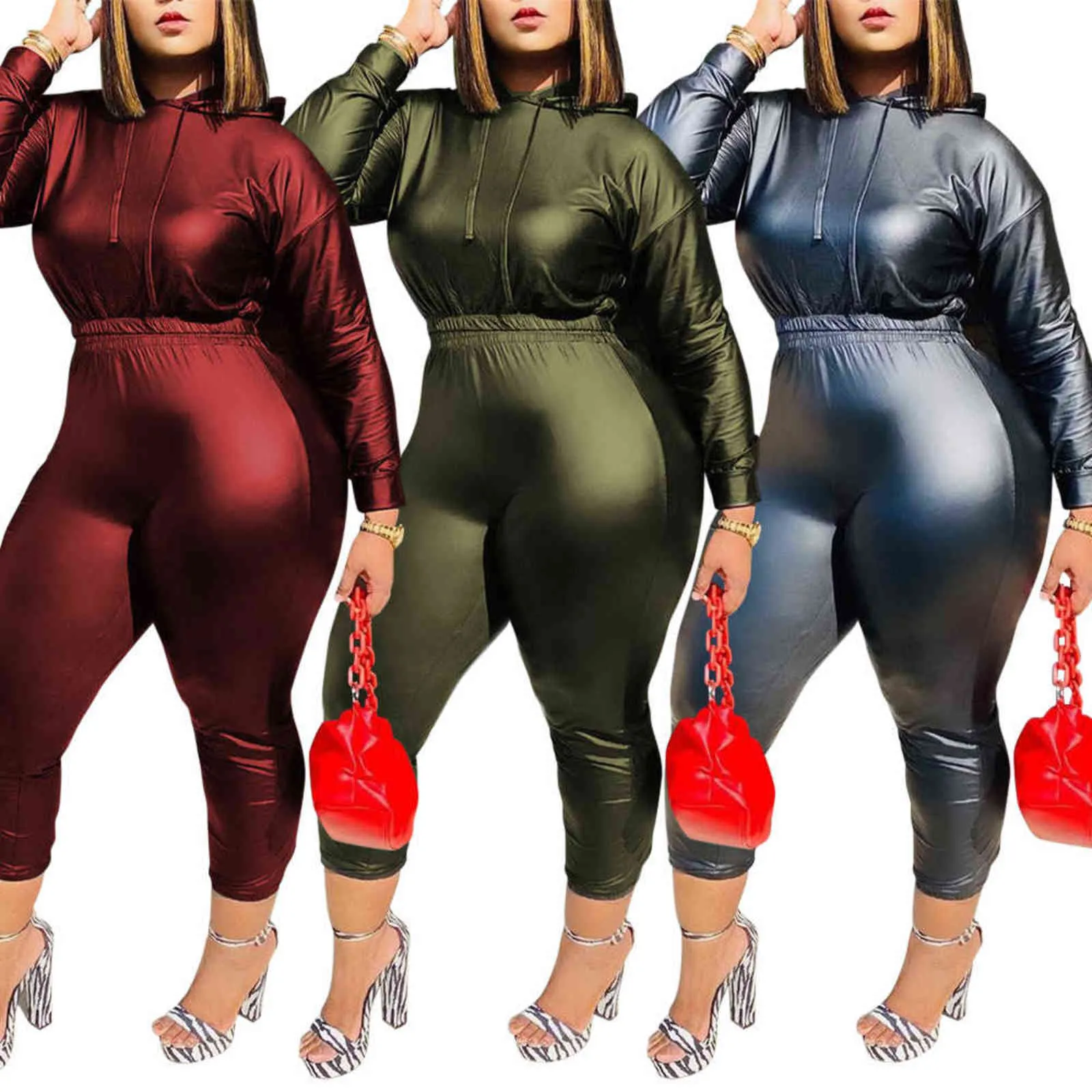 Mulheres Plus Size Set Faux Leather Couro Com Capuz Tops + Slim Calças Dois Peça Outono Sexy Club Outfits 211115