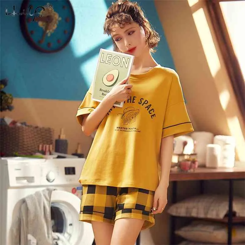 Women Pajama Set Cartoon Print Short Sleeve Tops+Pants Suit Sleepwear  Homewear