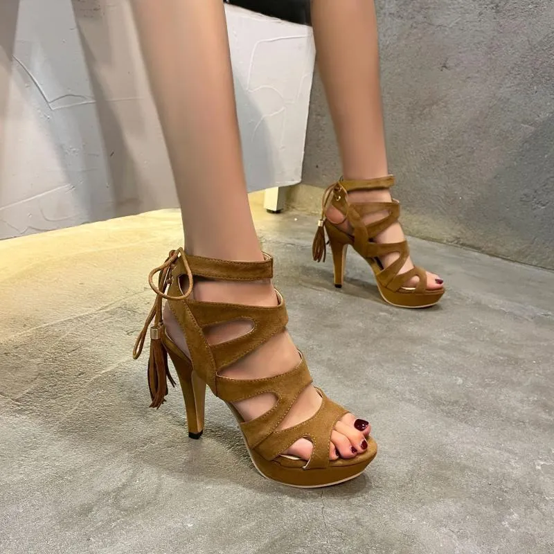 Sandals 2021 Europe And America Women High Heel Cross Border Open Toe Stilettos Sexy Cutout Tassel Heels A544