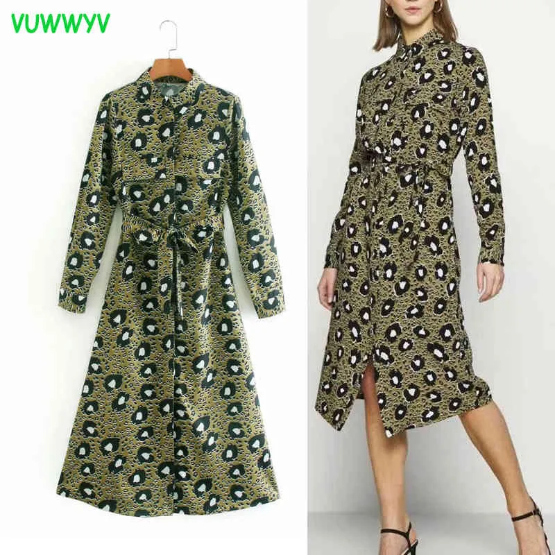 Vuwwyv冬の緑のプリントシャツのドレス女性の襟をぶつかるMidi女性長袖ベルトボタンアップvestidos Pocket 210430