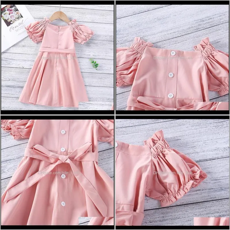 1-6Y Toddler Girls Sweet Dress Pink Solid Puff Sleeve Mid-length Fashion Bow Belt Pleated Boat Neck Bandage Princess Girl`s Dresses