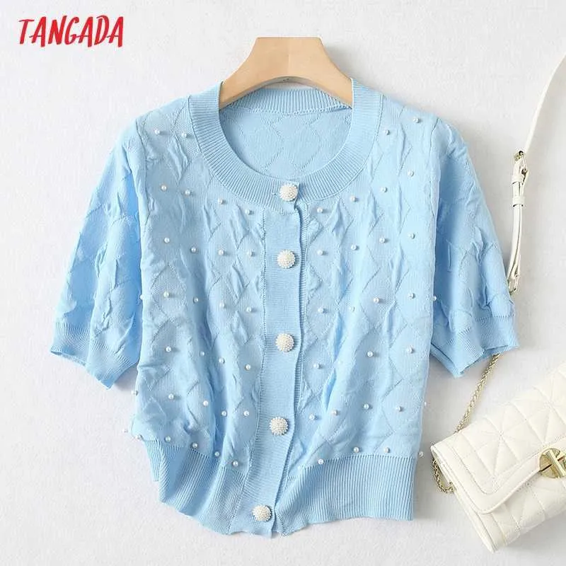 Tangada Summer Women Pearl Thin Knitted Cardigan Sweater Jumper Vintage Short Sleeve Button-up Female Outerwear YU67 210609