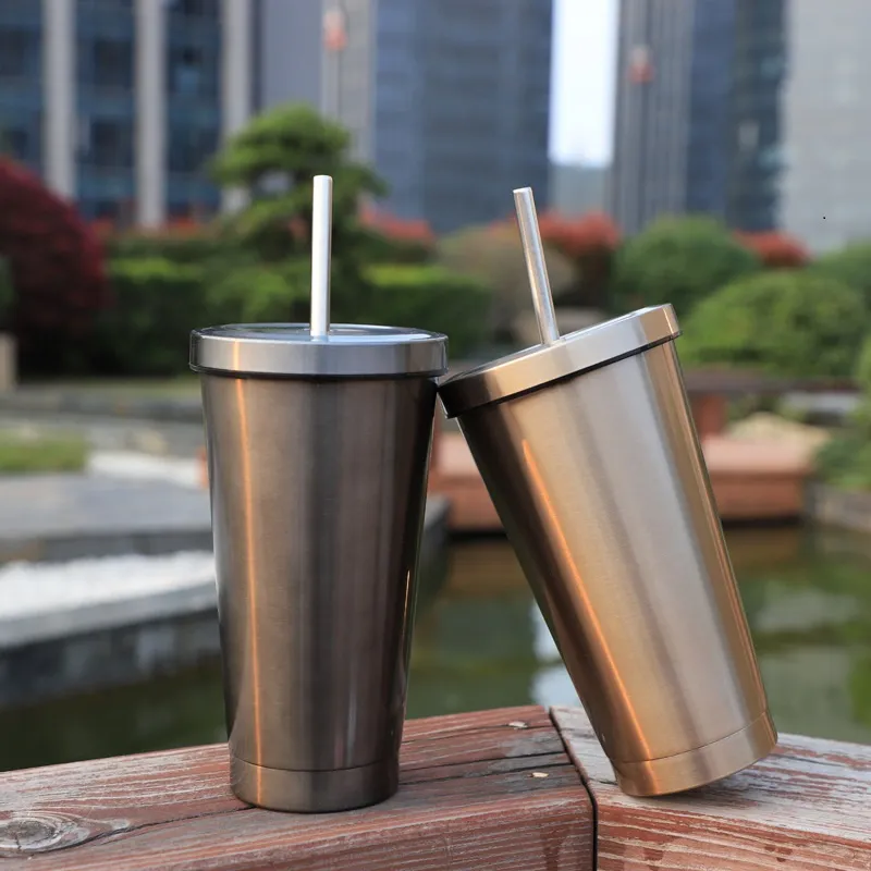 500ml Simple Pure Color Coffee Cup Student Straw Cups Roestvrijstalen Tumblers Vacuüm Geïsoleerde Fles 5 Kleuren T500537