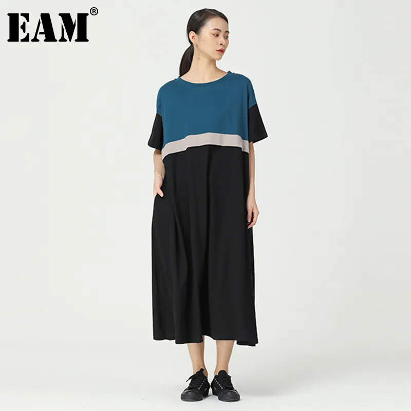 [EAM] Women Contrast Color Big Size Patchwork Dress Round Neck Short Sleeve Loose Fit Fashion Summer 1DD6712 210512
