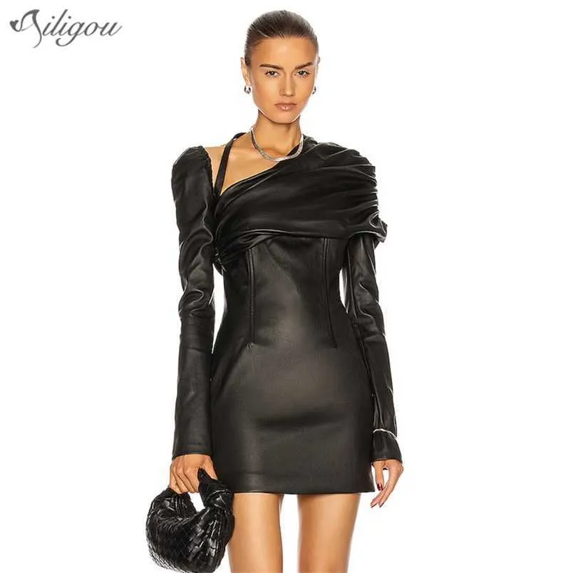 Летние дамы высокого качества черный сексуальный с длинным рукавом мода асимметричный воротник PU кожаный мини стиль драпированное платье для вечеринок 210525