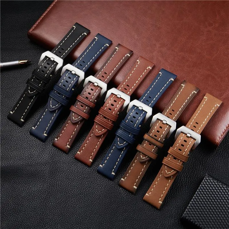 Watch Bands Vintage Thick Genuine Leather Watches Straps 18mm 20mm 22mm 24mm Stainless Steel Clasp Handmade Watchband Accessories