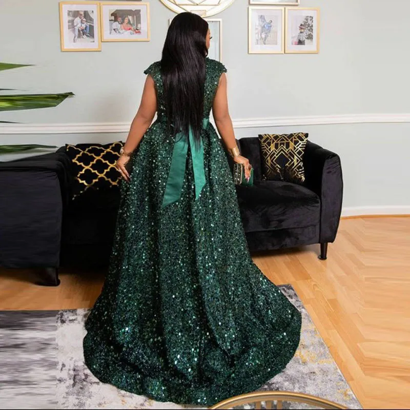 Hunter Green Sequined Mermaid Green Sequin Formal Dress with Detachable Train, Bow Ribbon Sash, and Plus Size African American Prom Dress