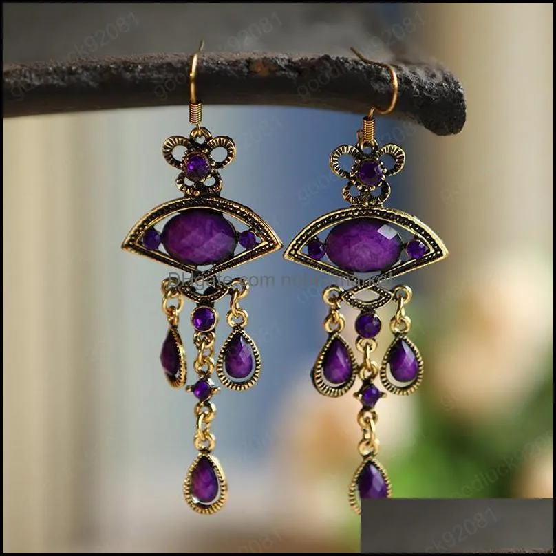 Fan-shaped Water Drop Ethnic Earring Indian Jewelry Bohemian Retro Alloy Purple Rhinestone Tassel Dangle Earrings For Women