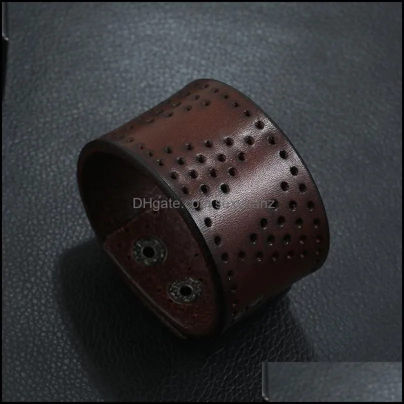 punk retro vintage mens leather bracelet simple punching wide leather bracelet