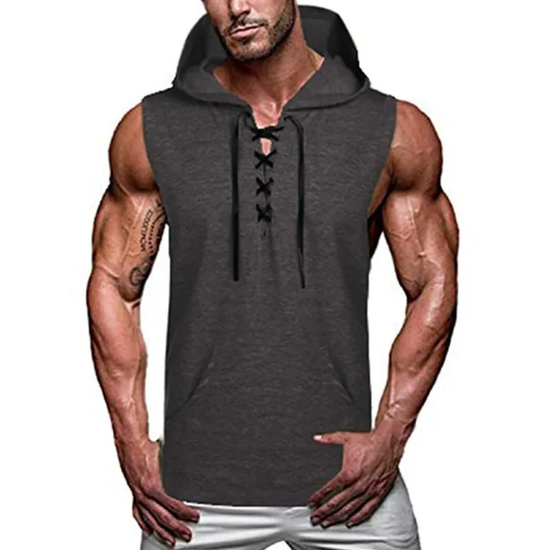 Camisetas sin mangas con cuello en V y cordón para hombre, chaleco con capucha, sudaderas con capucha informales negras, Color sólido, sin mangas, bolsillo para hombre Top308T