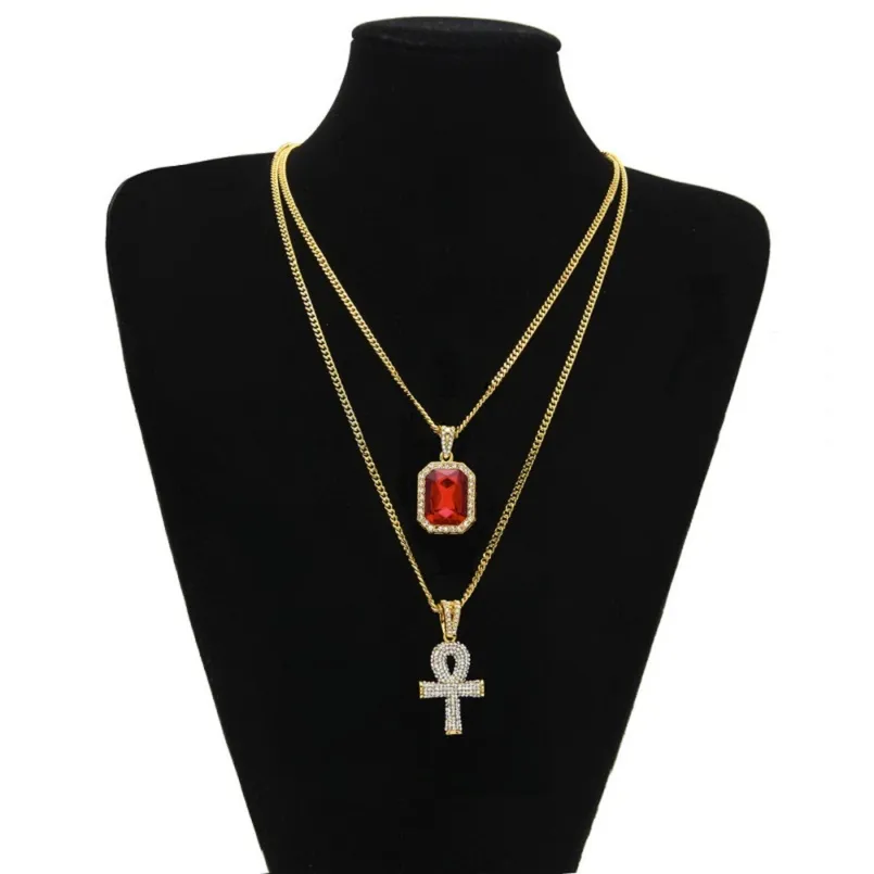 Herrenmode Hip Hop Schmuck Goldkette Strass Rot Rubin Kreuz Anhänger Halskette Set