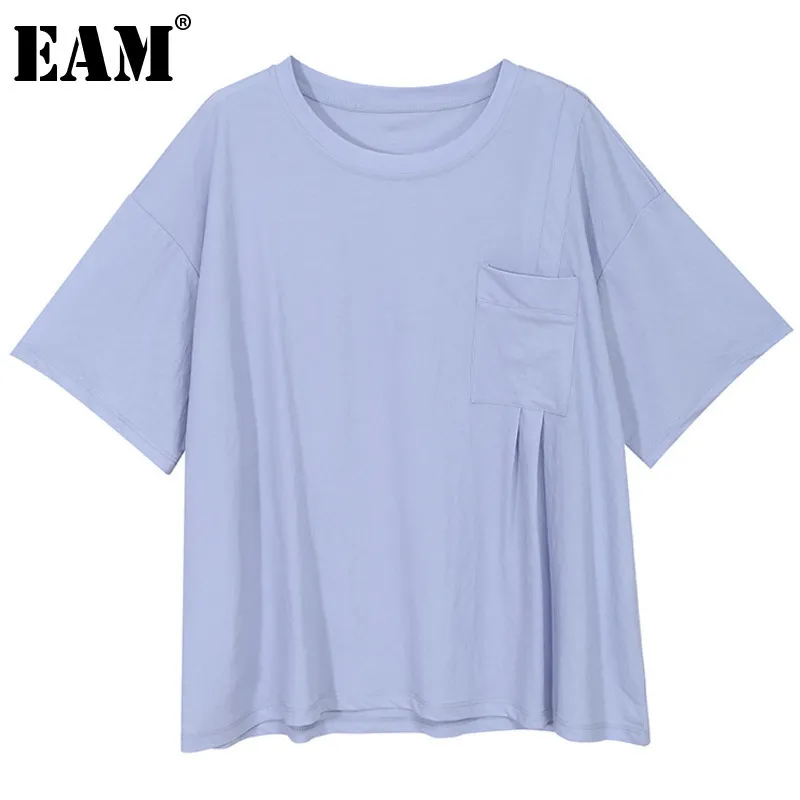 [Eam] mulheres multi cor grande tamanho bolso branco t-shirt solto redondo pescoço de manga curta moda verão 1d649401 21512