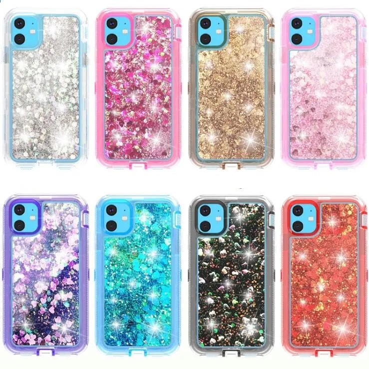 3 in 1 Glitter Liquid Quicksand Custodie Bling Crystal Robot Defender Cover per iPhone 12 11 Pro XS Max XR X 8 S20 S10Lite Plus