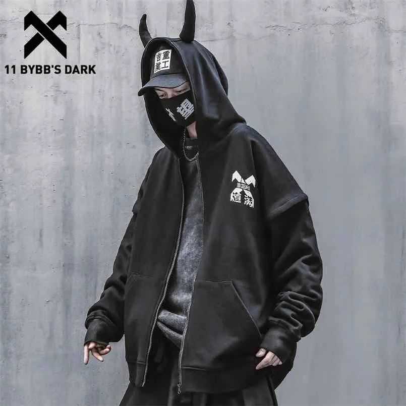 11 BYBB'S DARK Techwear Harajuku Hoodie Sweatshirts Männer Punk Devil Horns Pullover Hip Hop Streetwear Cardigan Hoodies Schwarz 210819