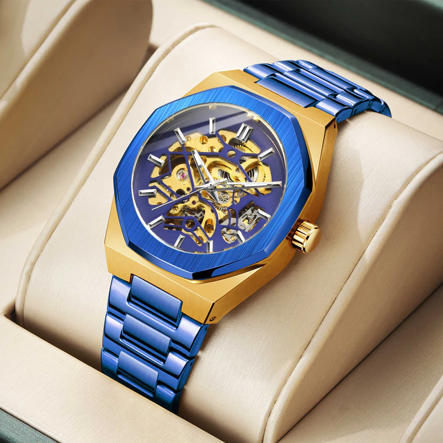 Nowy Zegarek Męski Nowy Luksusowy Zegarek Biznesowy Mężczyźni Wodoodporna Niebieska Gold Dial Zegarki Moda Mężczyzna Zegar Wrist Watch Relogio Masculino Q0902