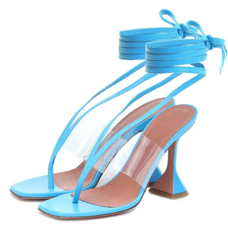 2021 Dames Dames Echt Echt Lederen Spoel Hoge Hakken Sandalen Knijpen Teen Zomer Cross-Tied Lace-Up Casual Transparent Bruiloft Gladiator Sexy Blue Big Size 34-44