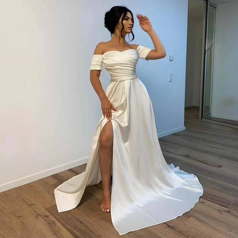 Suknie ślubne z krótkim rękawem Ruched Side Split Garden Suknie ślubne Proste z ramienia Vestido de Novia