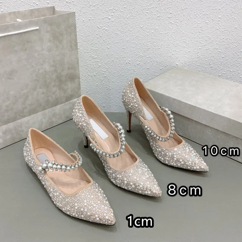 Tacchi firmati Scarpe eleganti da donna Luxurys Diamanti col tacco alto Perle Stiletto a punta Piatto 1cm 8cm 10cm Scarpe da damigella d'onore da sposa