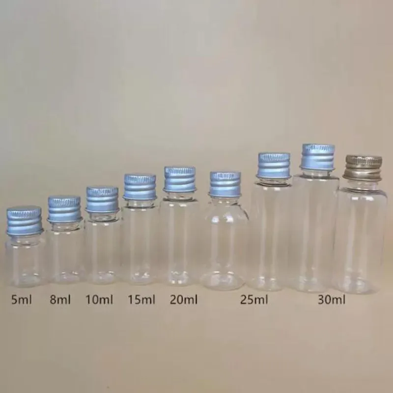 أشتات المنزلية 25ML شفافة / أبيض مصغرة البلاستيك زجاجة الحيوانات الأليفة الحاويات الكيميائية قارورة مع صناديق تخزين الألومنيوم