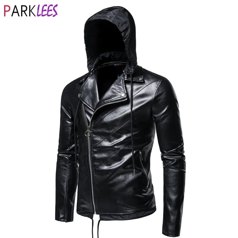 Fashion Motorcycle Hooded Leather Jacket Men Detachable Hat Oblique Zipper Punk Style Biker Pu Leather Jackets Coats Male M-5XL 210522