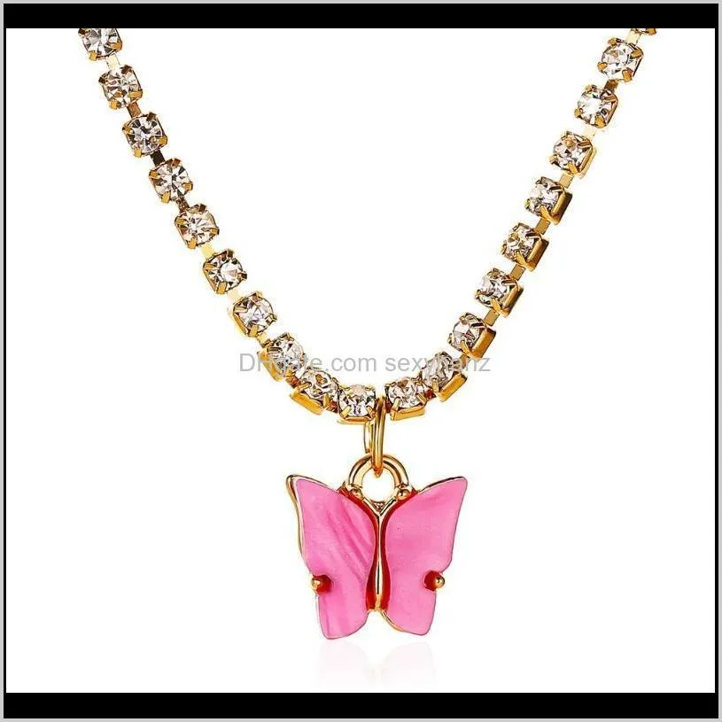 Cute Butterfly Necklace Gold Color rhinestone Choker Necklace Short Boho Festival Girl Party Gift Pink 2020 Trendy jewelry1