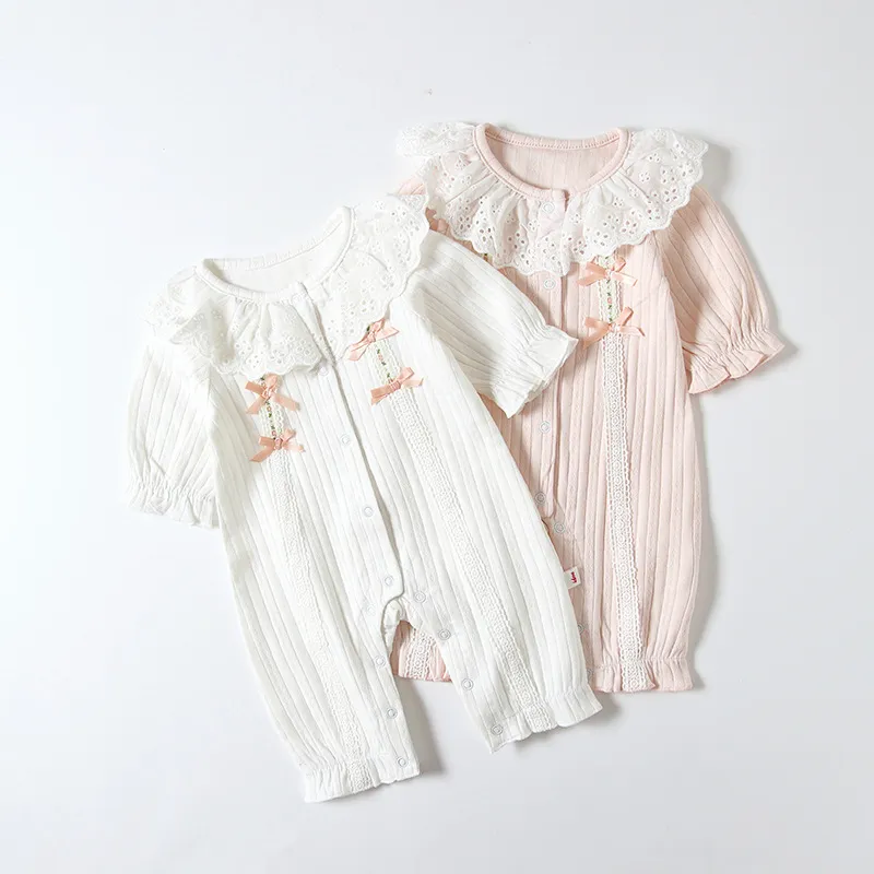 ins Baby Clothing Spring Fall 100 ٪ Cotton Romper Lace o-te-tech solid color design girl romper cuasual clothings 513 k2