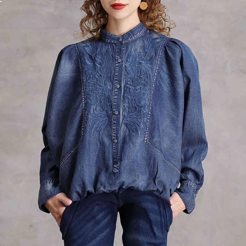 Johnature Women Denim Cotton Embroidery Jackets Vintage Button Coats Stand Long Sleeve Blue Spring Female Loose Jackets 210521